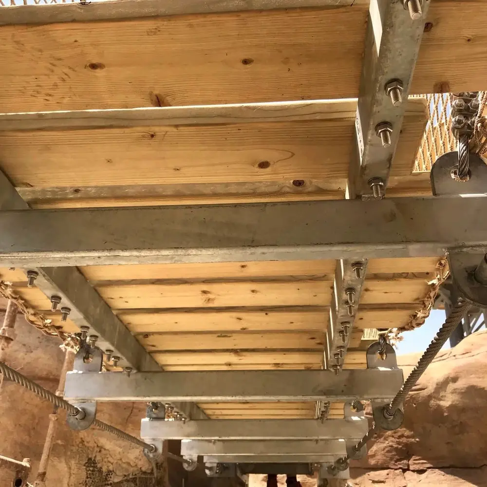 Underside close-up of timber and steel Rope Bridge