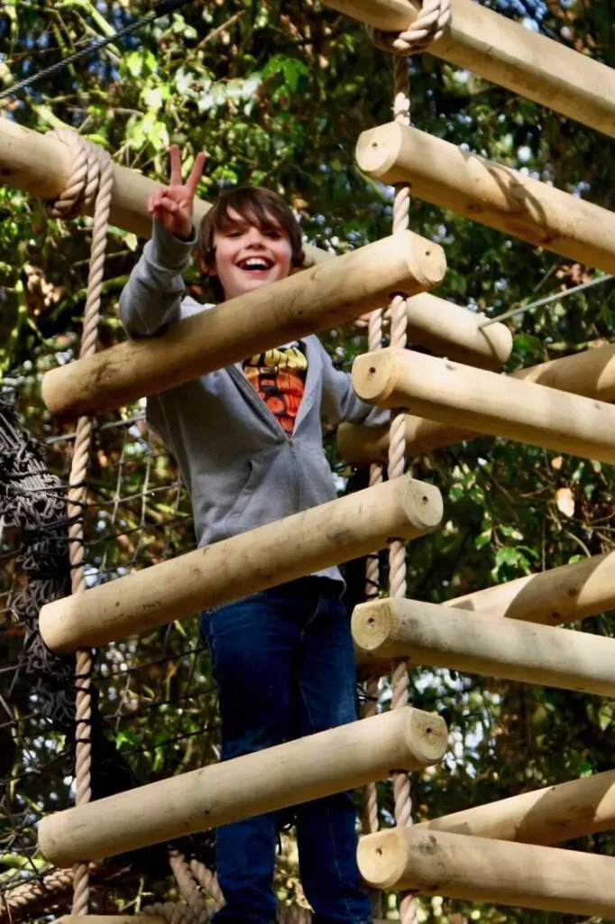Boy standing inside a big 4-sided Rope Ladder suspended from a Treetop Walkway