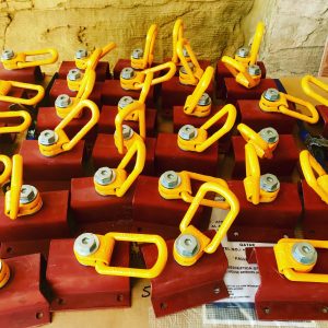 A number of Swivel Load Rings attached to fabricated steel plates.