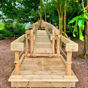 Deck Platform leading to Fixed Beam Rope Bridge and Treehouse in a woodland setting.