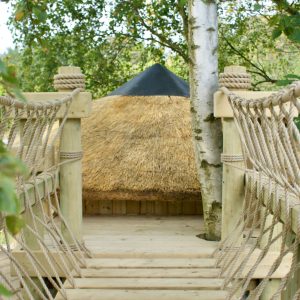 Fixed Beam Rope Bridge and weaved rope work balustrade, all leading to a Treehouse.