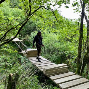 Working on a Rope Bridge high above a woodland canopy, laying Rope Bridge slats.